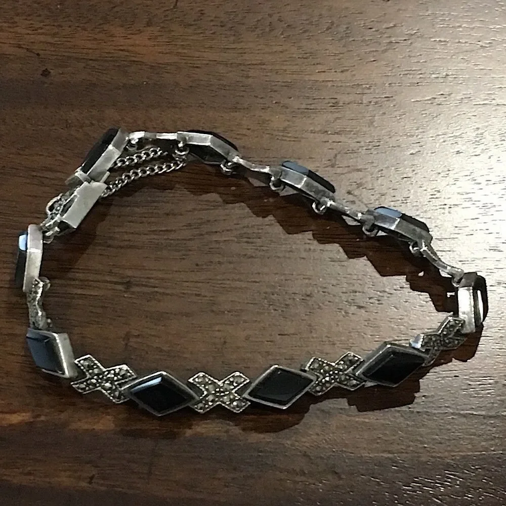 Vintage Black Onyx Marcasite Sterling Silver Tennis Bracelet